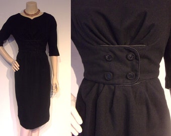 Superb 1950s wool wiggle dress w/button detail, impeccable tailoring Waist 25"-27"
