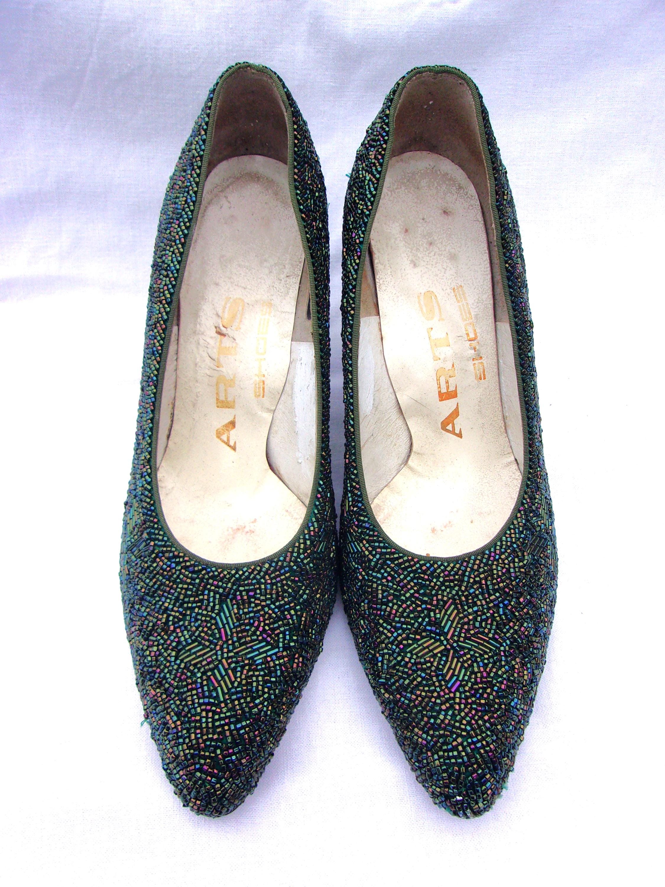 Incredible 1950s 1960s Fully Beaded Evening Shoes in Green