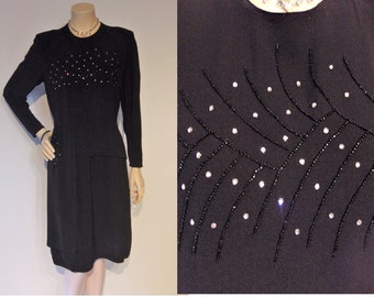 Dazzling 1940s rayon cocktail dress w/skirt swag, beading and rhinestones Bust 40"