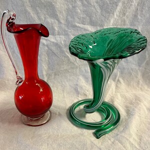 Hand Blown Glass Set of 2 Green White Spiral Base and Red Clear Vase or Pitcher with pontil. Free Shipping in USA