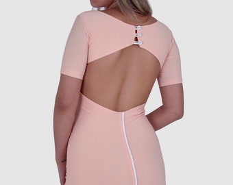 Back Button Dress / Coral I White / Line Collection