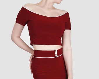Pinup Collection Set-Dress | Burgundy I White Off Shoulder Dress | White 1lined Dress | Tight Fitting Dress | Casual Short Sleeve Dress