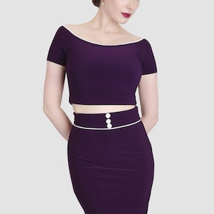 Ladies Pinup Collection Set-Dress | Purple I White Off Shoulder Dress | White 1lined Dress | Tight Fitting Dress | Casual Short Sleeve Dress