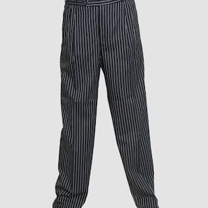 May include: Black and white striped pants with a slim fit. The pants have a classic style and are made of a smooth fabric.