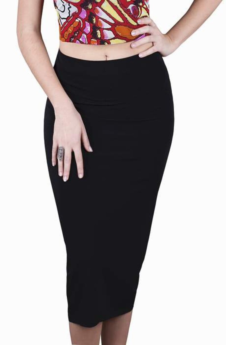 May include: A black pencil skirt with a fitted silhouette. The skirt is made of a smooth, stretchy fabric.
