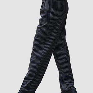 May include: Black and white striped pants with a wide leg and a belt.