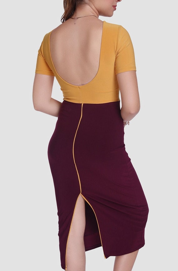 Swan Divided Dress | Mimosa Burgundy Dress | Hot Charming Women's Dress | Ladies Dress | Casual Short Sleeve Dress | Tight Fitting Dress