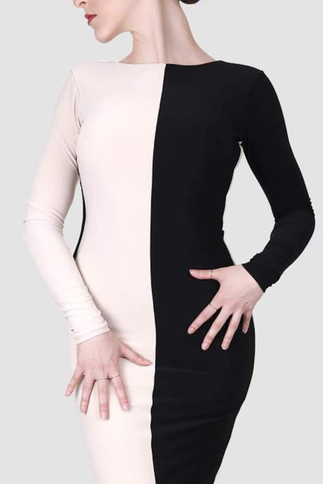 Half and Half Dress I Black I Beige Dress I Long Sleeve Dress Etsy