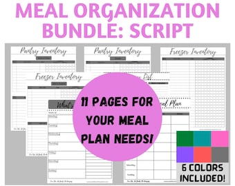 Meal Organization Printables Bundle - Script - 6 Colors Included