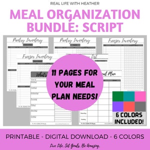 Meal Organization Printables Bundle - Script - 6 Colors Included
