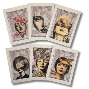 Lot de 6 cartes d'art 12,8 x 18,7 cm, impression d'art, série limitée, illustration, mix media, collage numérique, collage sur toile
