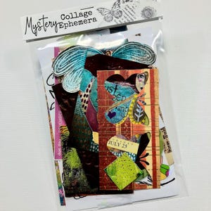 May include: A clear plastic bag containing a collection of collage ephemera. The ephemera includes butterfly shapes, patterned paper, and pieces with text. The text includes "Mystery Collage Ephemera", "due dau REMEMBER", and "JULY 25".
