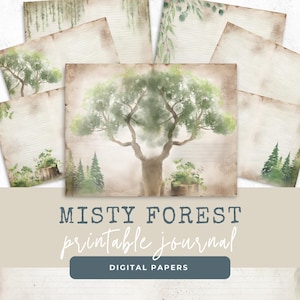 Puede incluir: Una colección de páginas de diario imprimibles con un tema de bosque brumoso. Las páginas presentan ilustraciones de acuarela de árboles, follaje y escenas de bosque. Se muestra el texto "Misty Forest printable journal".