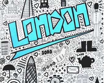Könnte beinhalten: Schwarz-weiße Illustration mit Londoner Wahrzeichen wie Big Ben, einem Doppeldeckerbus und einer roten Telefonzelle. Das Wort "LONDON" ist in hellblauen Buchstaben geschrieben und von Herzen und anderen Symbolen umgeben.