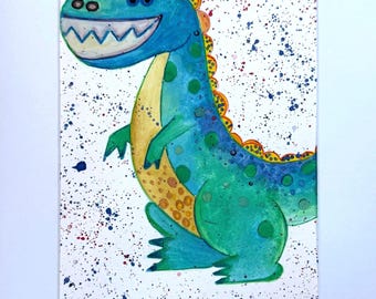 オリジナルのサイの水彩画、ペンによるディテール、A4サイズの動物