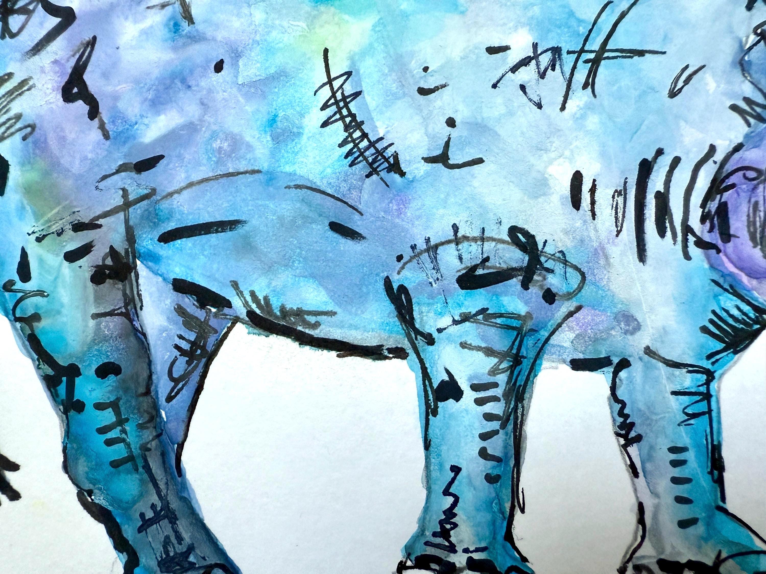 水彩画 動物と人物のシーン 約A4サイズ オリジナルのサイの水彩画、ペンによるディテール、A4サイズの動物