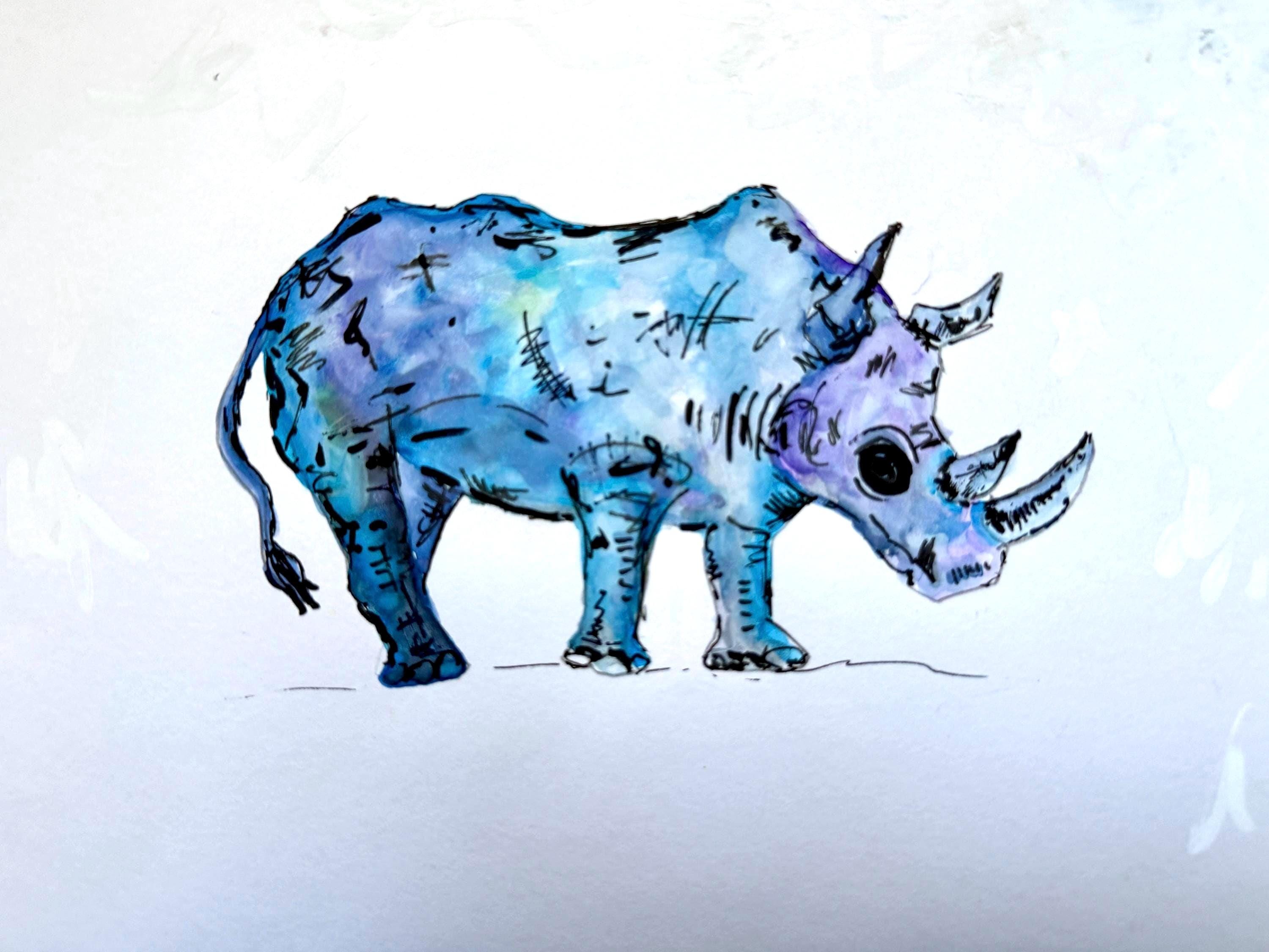 オリジナルのサイの水彩画、ペンによるディテール、A4サイズの動物