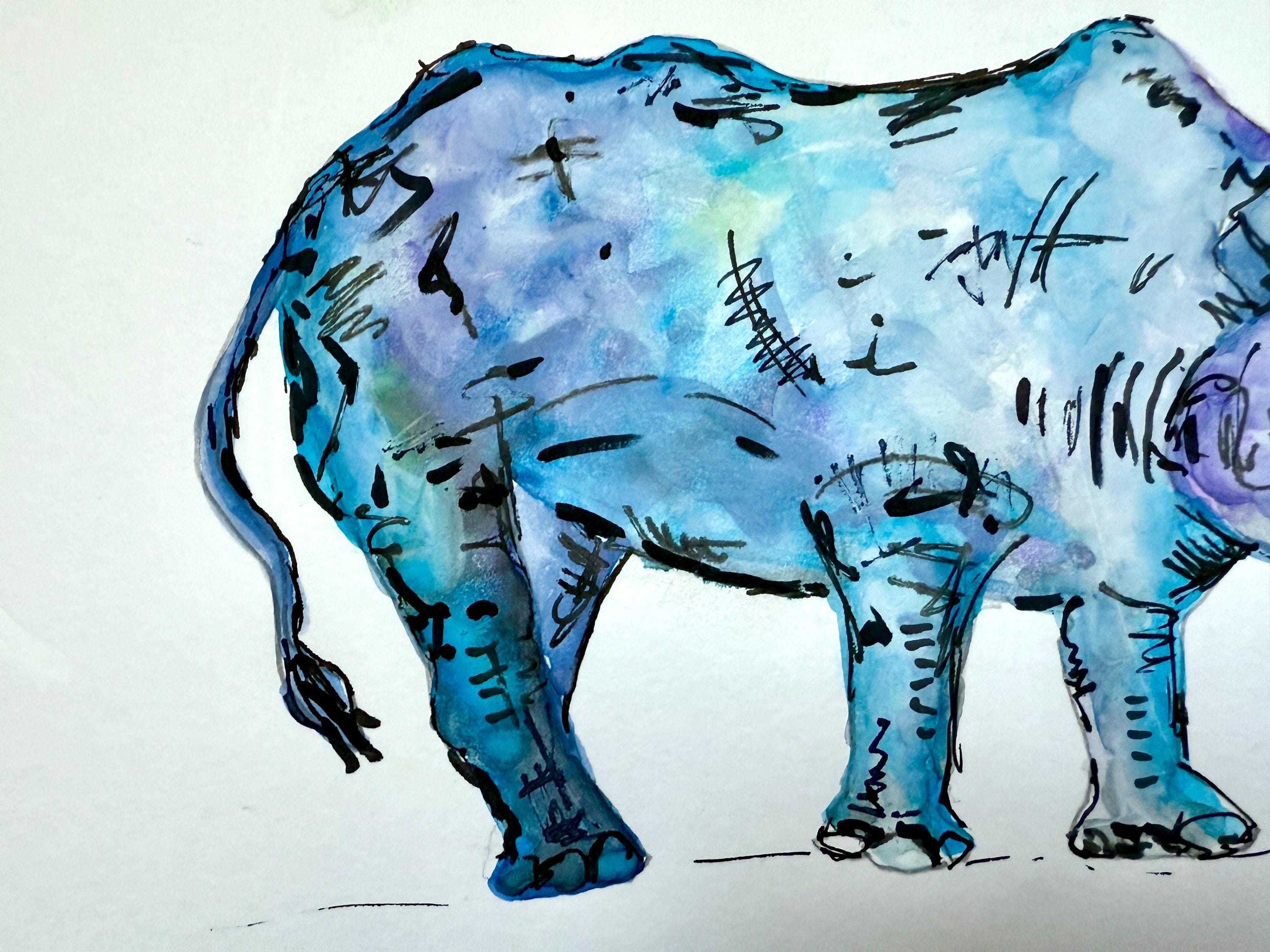 オリジナルのサイの水彩画、ペンによるディテール、A4サイズの動物