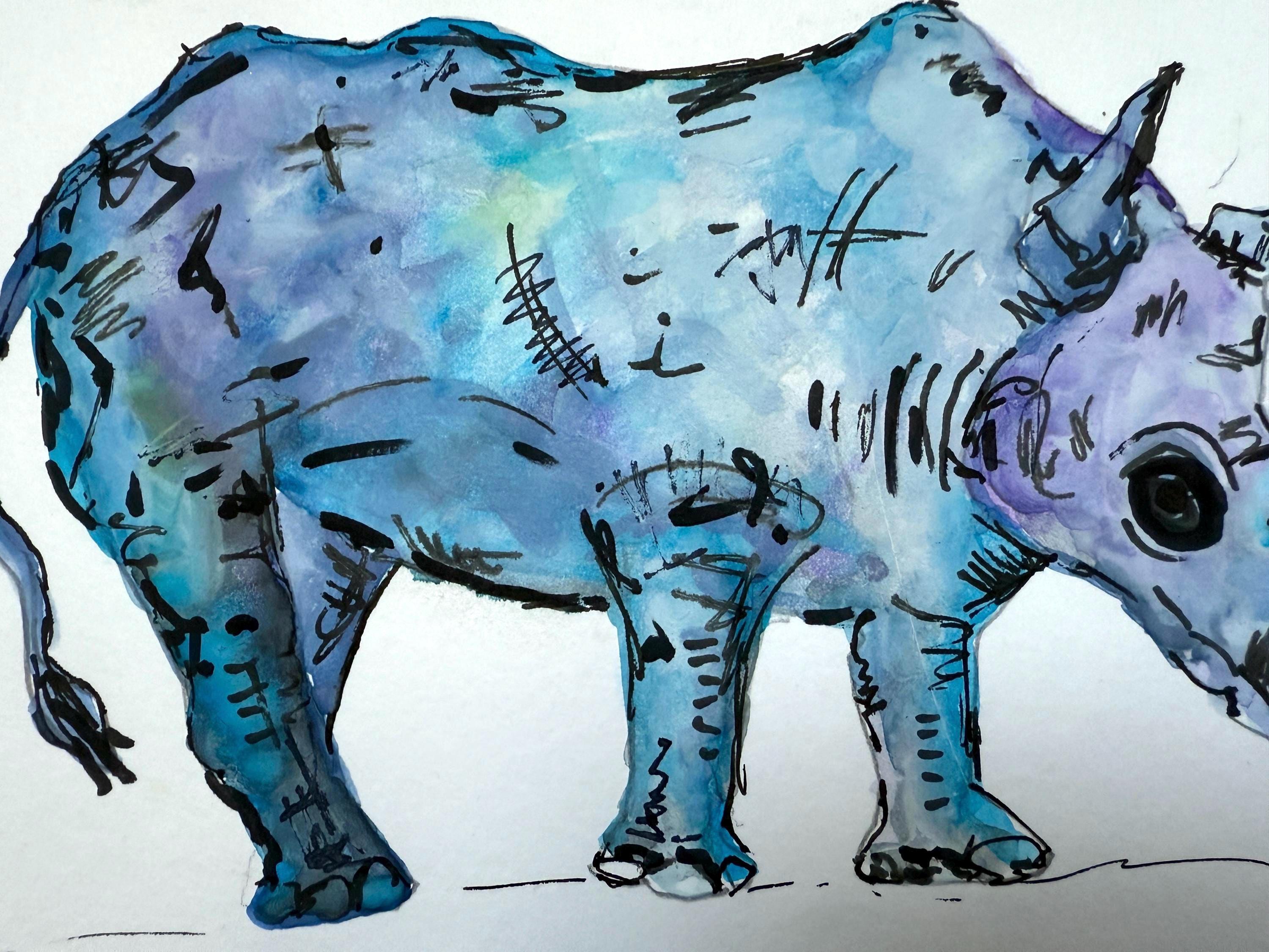 水彩画 動物と人物のシーン 約A4サイズ オリジナルのサイの水彩画、ペンによるディテール、A4サイズの動物