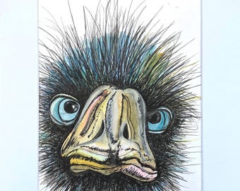 オリジナルのサイの水彩画、ペンによるディテール、A4サイズの動物