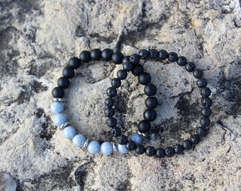 Black Lava and Matte Onyx Bead Bracelet Set; Men or Womens Black Bracelet Set