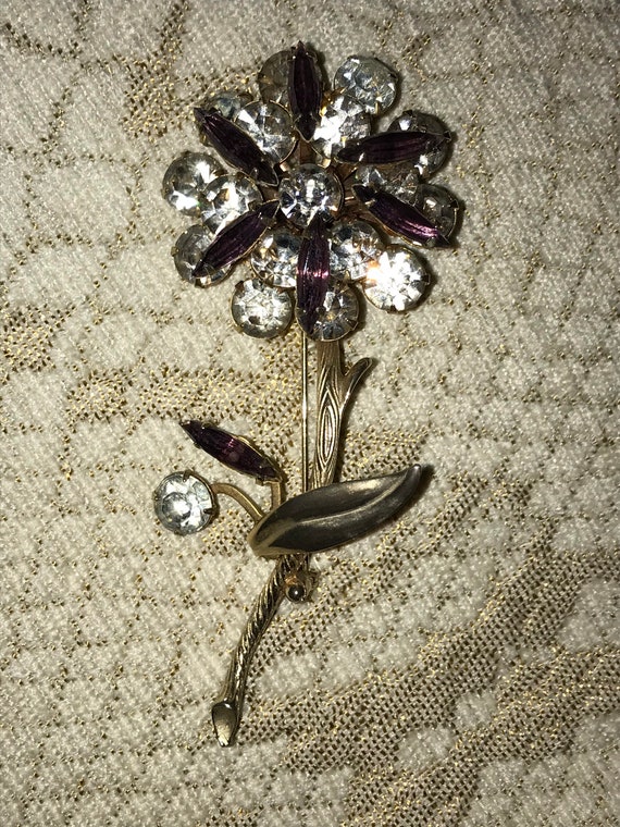 Flower Purple Clear Crystal Gold Tone Brooch Pin … - image 5
