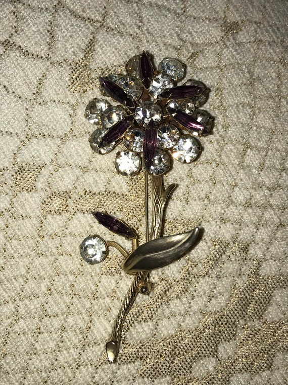Flower Purple Clear Crystal Gold Tone Brooch Pin … - image 4