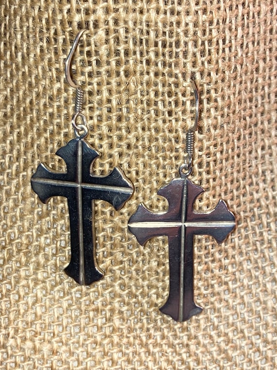 Rustic Mexican Silver Cross Hanging Earrings