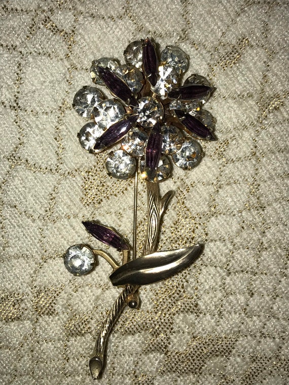 Flower Purple Clear Crystal Gold Tone Brooch Pin … - image 3