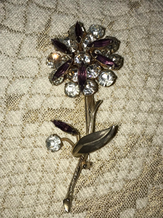 Flower Purple Clear Crystal Gold Tone Brooch Pin … - image 2
