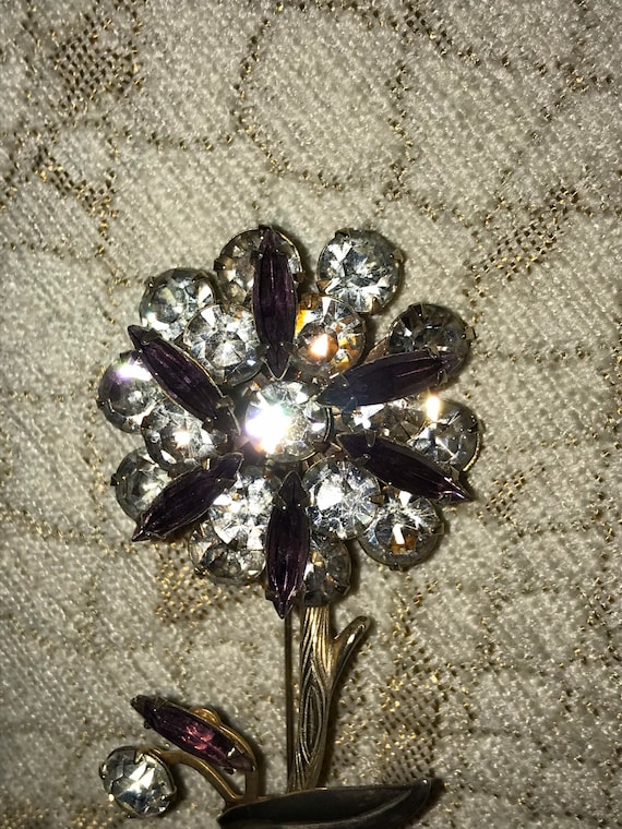 Flower Purple Clear Crystal Gold Tone Brooch Pin … - image 1