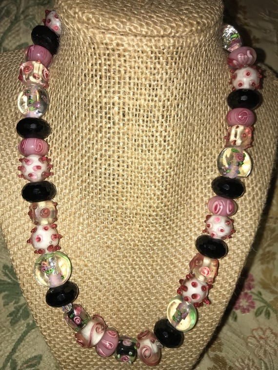 Lampwork Floral Pink White Black Glass Beaded Neck