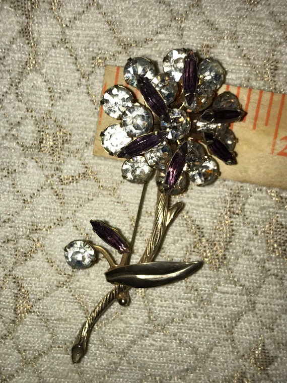 Flower Purple Clear Crystal Gold Tone Brooch Pin … - image 8