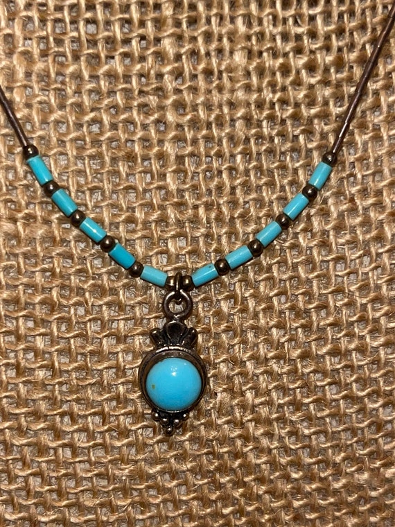 Turquoise Beaded Droplet Pendant Necklace Sterling