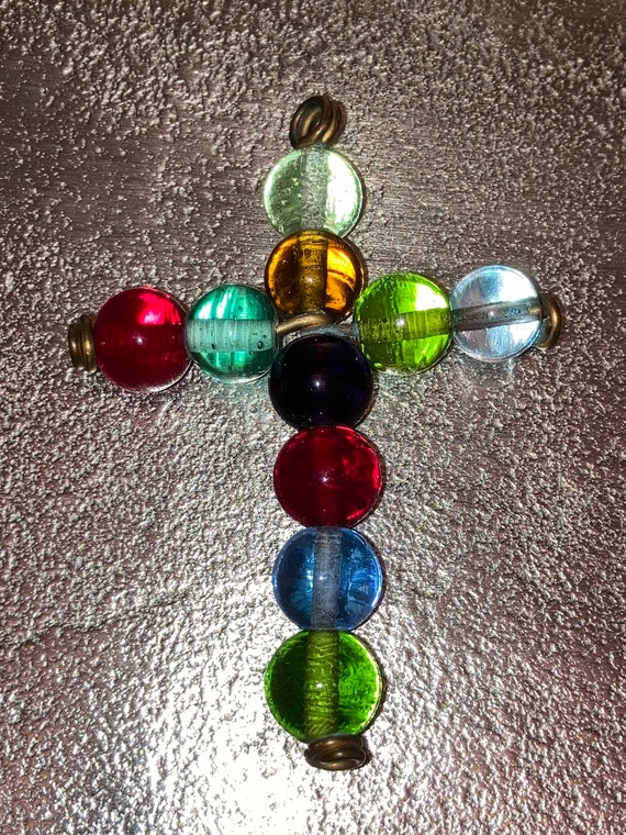 Glass Beaded Cross Pendant Brightly Colored