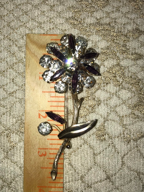 Flower Purple Clear Crystal Gold Tone Brooch Pin … - image 10