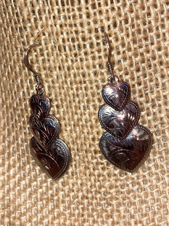 3 Tiered Etched Heart Sterling Silver Drop Earring