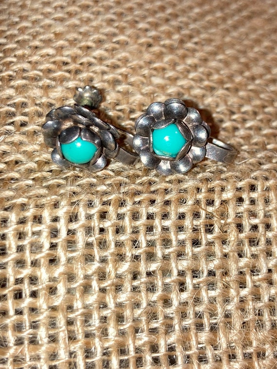 Turquoise Sterling Silver Flower Screw Back Earrin