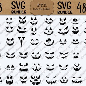 May include: A set of 48 black SVG pumpkin face designs for Halloween. The image features a variety of carved pumpkin faces with different expressions, ideal for crafting. The text "48 SVG Bundle" is at the top.