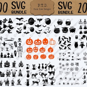 May include: A collection of 200 Halloween-themed SVG cut files. The black and orange designs include ghosts, bats, jack-o'-lanterns, cats, spiders, and haunted houses. The text "200 SVG BUNDLE" is at the top.