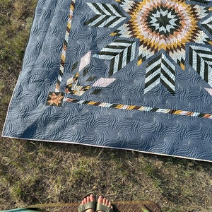 May include: A blue and white quilt with a large starburst pattern in the center. The quilt is quilted with a swirling pattern and has a white border.