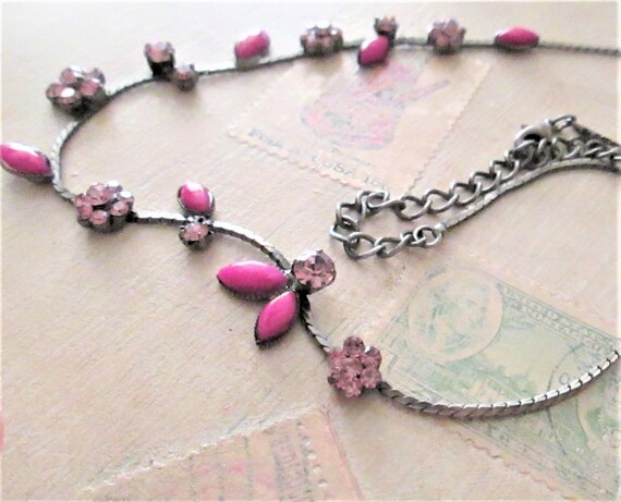 Vintage Pink and Silver Floral Necklace - image 2