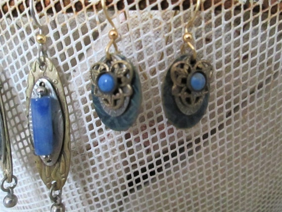 Brass and Blue Vintage Art Deco Earring Collection - image 5