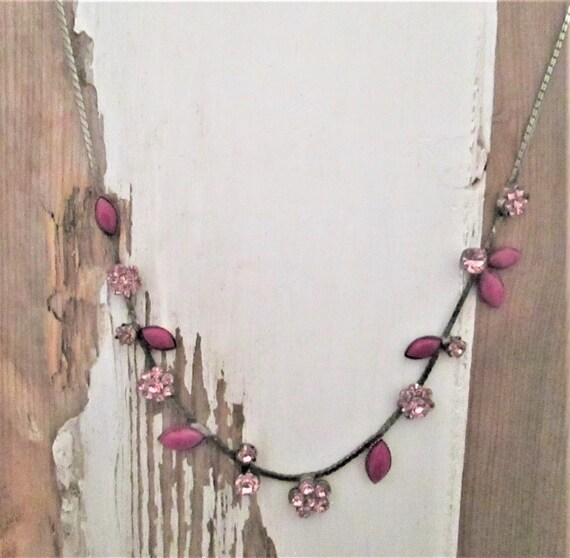 Vintage Pink and Silver Floral Necklace - image 1