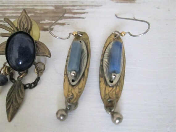 Brass and Blue Vintage Art Deco Earring Collection - image 6