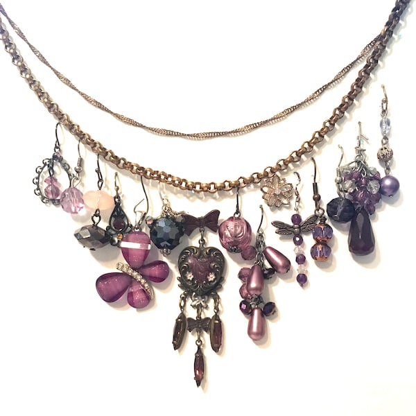 Purple Butterfly and Hearts Assemblage Necklace Inspiration Collection