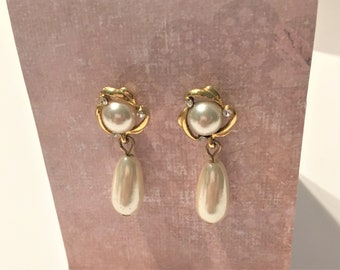 Vintage Pearl and Rhinestone Teardrop Earrings