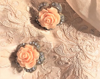 Stunning Vintage Sculptured Rose and Rhinestone Earrings