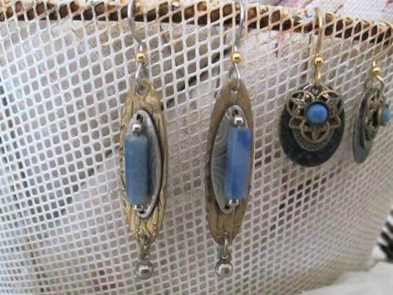 Brass and Blue Vintage Art Deco Earring Collection - image 4