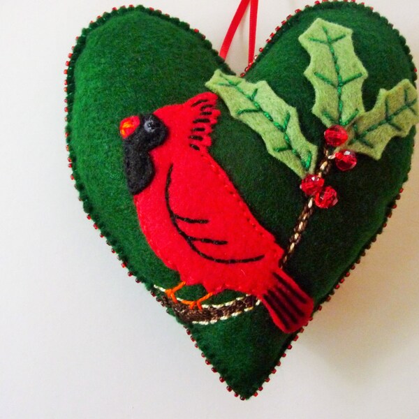 Cardinal Felt Heart Ornament / Christmas Ornament / Christmas Doorknob Hanger / Doorknob Pillow / Winter Decor / Cardinal Decoration